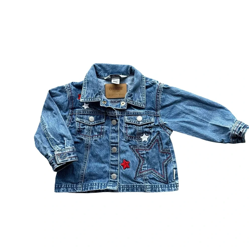 Oshkosh Blue Star Embroidered Button Flap Denim Jackets Size 18M